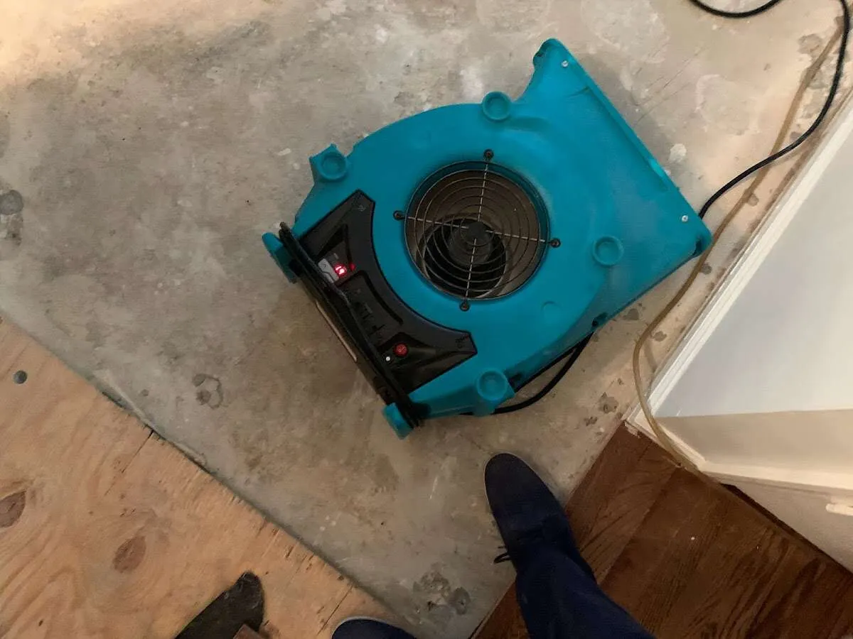 Air mover drying subfloor during Commercial Water Damage Restoration in Willow Oak